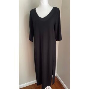 Pure Jill Luxe Tencel M Petite Dress Black VNeck Midi Minimalist 1/2 Sleeve Soft